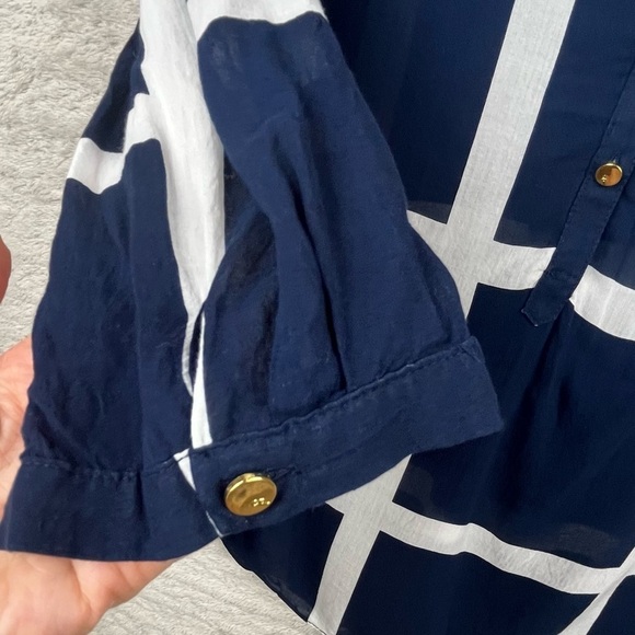 CYNTHIA ROWLEY Nautical Sheer Blouse Popover Navy Blue Window Pane Print Medium - Picture 9 of 16